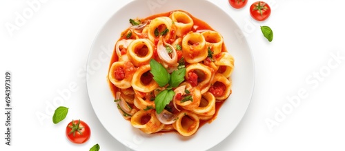Originating from Naples in the South of Italy, directly above is Italian pasta Calamarata. It is made with thick ring pasta paccheri, calamari or sliced squid, and tomato sauce.