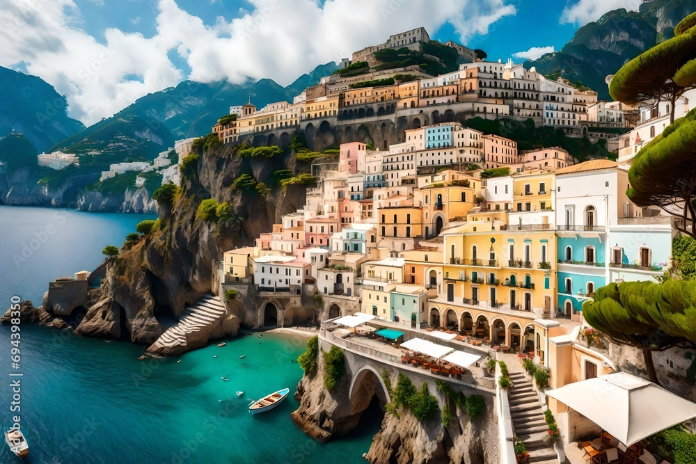 Landscape with Atrani town at famous amalfi coast, Italy