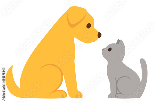 Cartoon cat and dog sitting facing each other