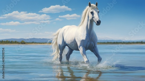 A majestic white horse gracefully standing in calm waters  captured in high definition against a pristine white background  showcasing the beauty of nature in exquisite detail.