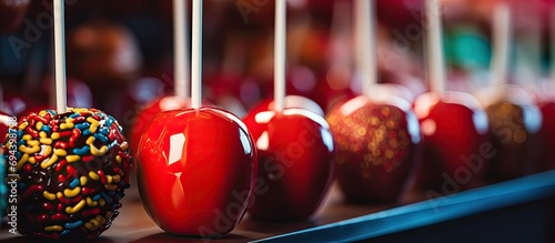 Assortment of candy apples at fair. photo