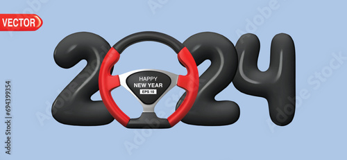 Road Safety concept for Happy New Year 2024 holiday. Steering wheel with 2024 number. Car drive and massage card Design. 3d vector illustration
