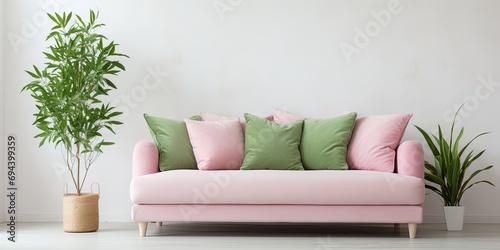 Green blanket, pink pillows, sofa, living room, plant, white wall, copy space © Vusal
