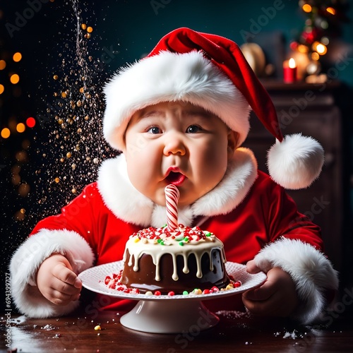 child in santa hat with christmas cake