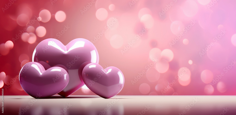 Serenade of Hearts on Pink Bokeh. Glossy hearts in varying sizes create a romantic atmosphere against a soft pink bokeh background, perfect for Valentine's Day themes