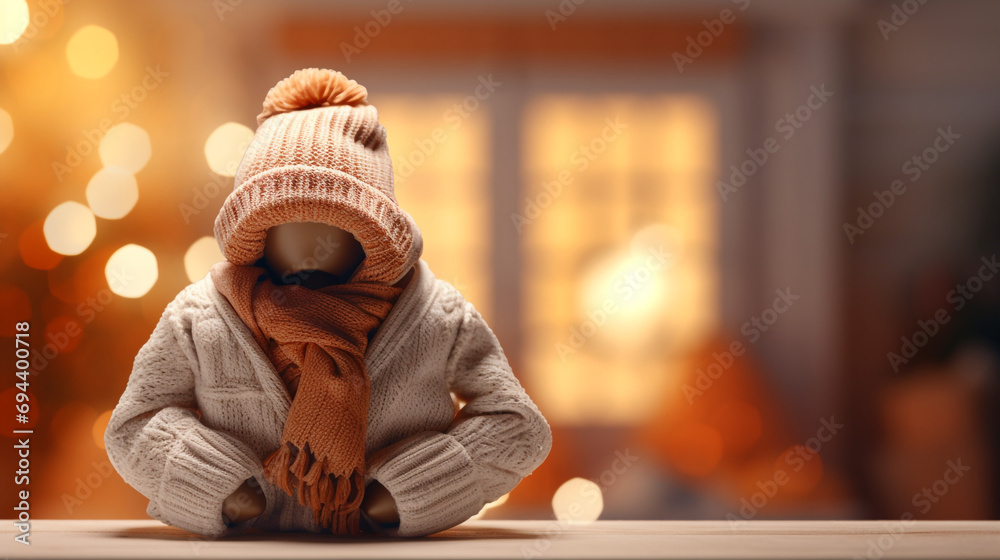 Figure of house and warm clothes on table against blurred lights created with Generative Ai Figure of house and warm clothes on table against blurred lights created with Generative Ai