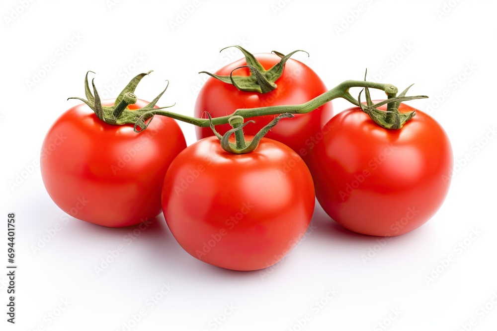 Ripe, red Tomatoes on white background. Generative AI Ripe, red Tomatoes on white background. Generative AI