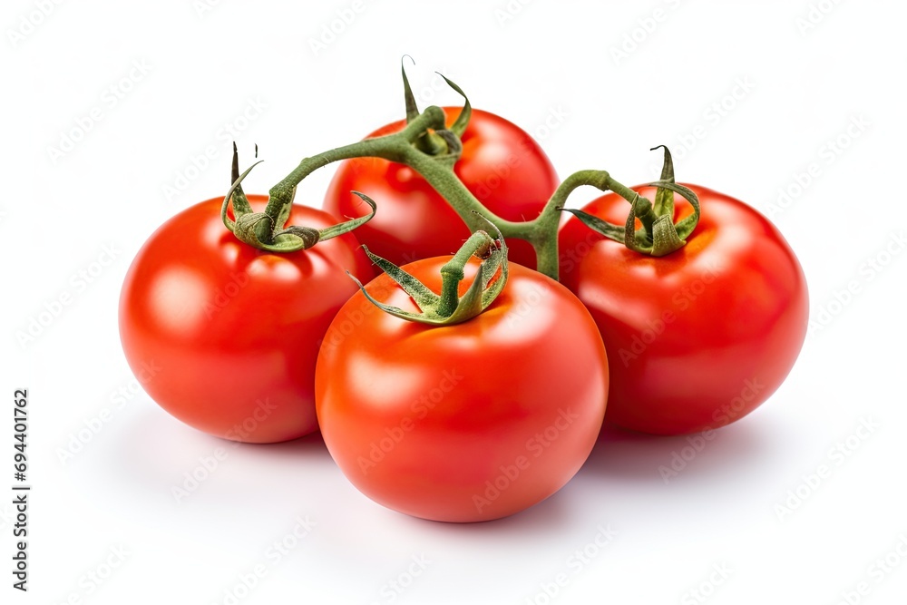 Ripe, red Tomatoes on white background. Generative AI Ripe, red Tomatoes on white background. Generative AI