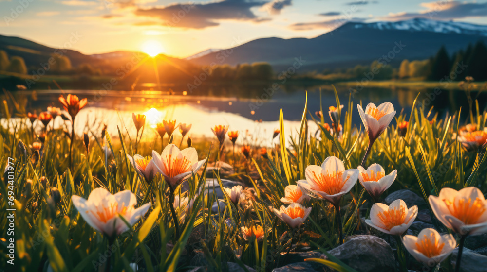  Spring Wildflowers in the Glow of a Mountain Lake Sunset - obrazy, fototapety, plakaty 