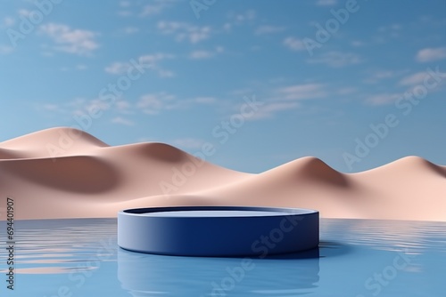 3D display podium background. Nature blue sky minimal stand pedestal. Wavy water. Beauty, cosmetic product presentation scene. Summer landscape banner template 3d render. generative ai.
