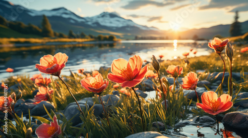 Spring Wildflowers in the Glow of a Mountain Lake Sunset