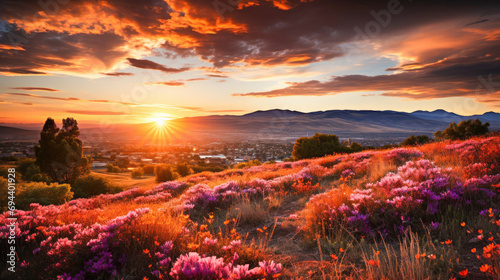 Spring Wildflower Hills at Sunset with Mountain Backdrop © KAI