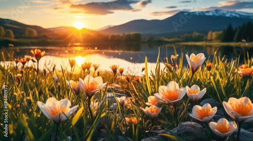  Spring Wildflowers in the Glow of a Mountain Lake Sunset #694401977