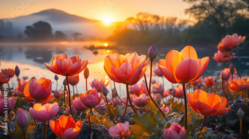 Blooming Tulips Flowers At Sunset near The Lake
