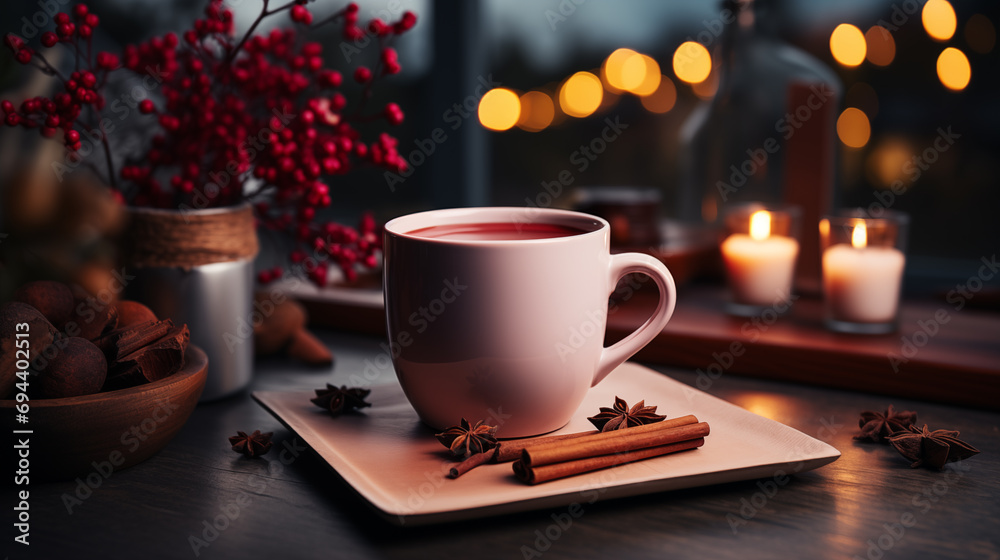 Cup of hot chocolate with cinnamon sticks on a wooden table Generated by AI Cup of hot chocolate with cinnamon sticks on a wooden table Generated by AI