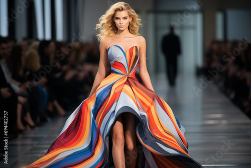 a beautiful model on fashion runway with designed dress © Kien
