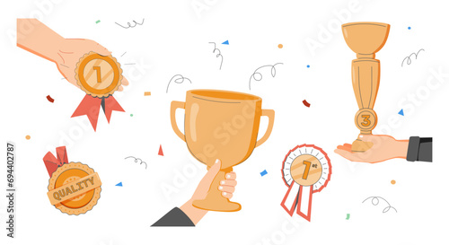 Award, winning cup, first place medal, ribbon prize. Hand holding gold medal and champion trophy cup. Winner background