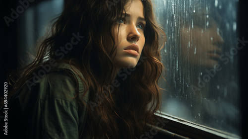 A sad girl looking rain out of window. Generative AI