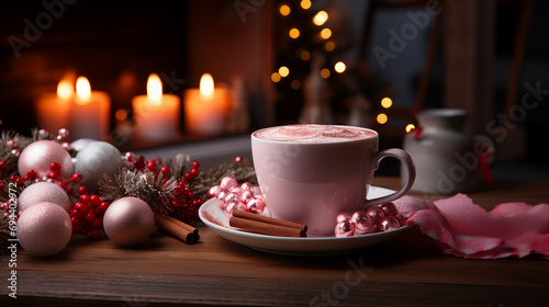 Cup of hot chocolate with cinnamon sticks on a wooden table Generated by AI
