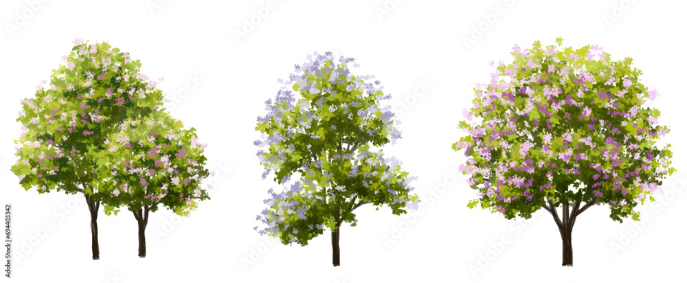 Vector watercolor blooming flower tree or forest side view isolated on white background for landscape and architecture drawing,elements for environment or and garden,shrub for section ,Set of floral,b - obrazy, fototapety, plakaty 