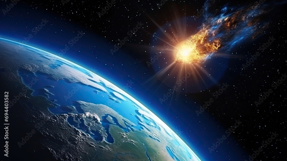 Space photograph of an asteroid entering the earth's atmosphere. It heats up and breaks down into fragments. Cosmic threat to Earth civilization.