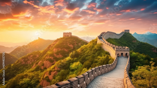 The Great Wall of China at the sunrise. Ai generative.