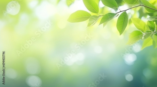 Spring background, green tree leaves on blurred background. Ai Generative. © Santy Hong