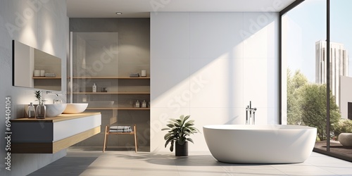Modern bathroom with separate bathtub.