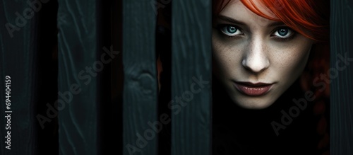 Red-haired enchantress woman in black carnival costume peeks out from behind a fence or wooden wall on All Saints' Day.