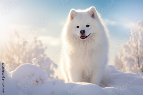 A fluffy white Samoyed dog in a snowy landscape