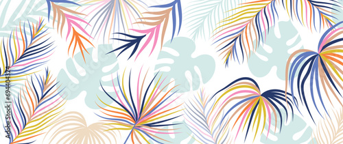 Tropical leaves background vector. Botanical foliage banner design hand drawn colorful palm leaf, monstera leaves line art. Design for wallpaper, cover, cards, packaging, flyer, fabric.