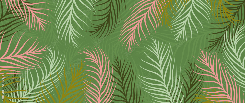 Tropical leaves background vector. Botanical foliage banner design hand drawn colorful palm leaves, coconut leaf line art. Design for wallpaper, cover, cards, packaging, flyer, fabric.