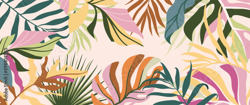 Tropical leaves background vector. Botanical foliage banner design hand drawn colorful palm leaf, monstera leaves line art. Design for wallpaper, cover, cards, packaging, flyer, fabric. photo