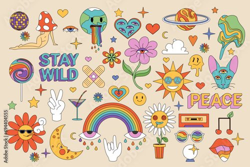 Hippie retro stickers set. Groovy characters, emoji and elements of funky hippy 70s style, psychedelic flower and mushroom, disco ball and rainbow mascots collection, cartoon vector illustration