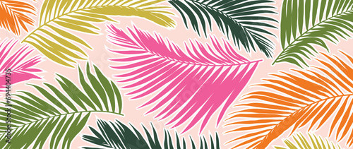 Tropical leaves background vector. Botanical foliage banner design hand drawn colorful palm leaves, coconut leaf line art. Design for wallpaper, cover, cards, packaging, flyer, fabric.