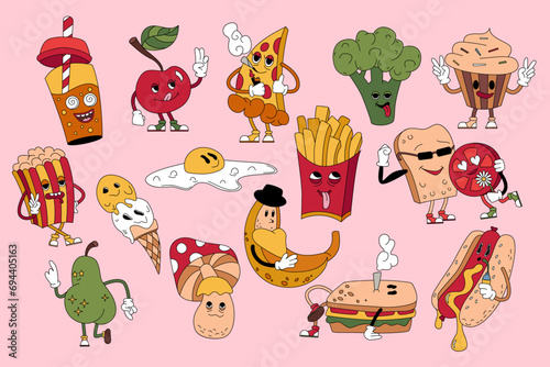 Groovy food set. Funny takeaway fastfood, dessert and breakfast menu collection of weird food characters with crazy comic faces, psychedelic retro stickers and emoji, cartoon vector illustration