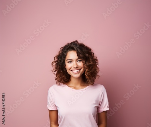 young smiling woman on a pink background