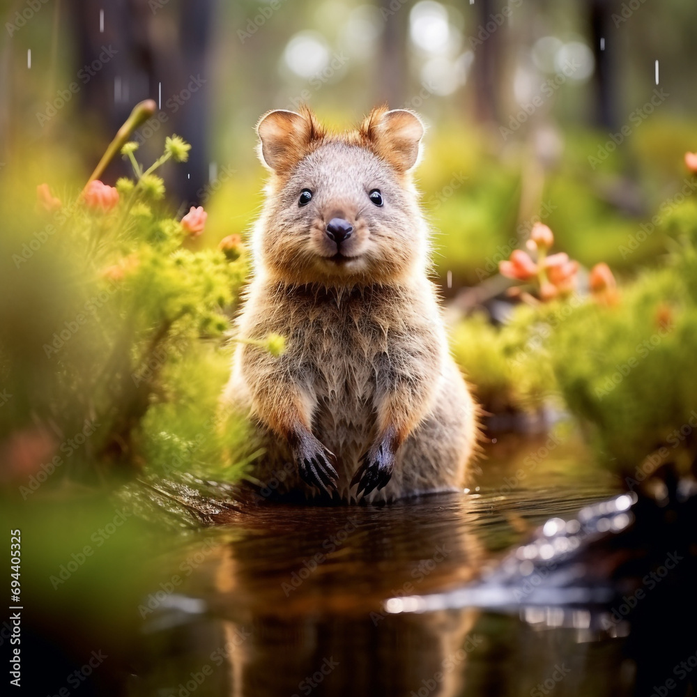 Fototapeta premium In the midst of coastal vegetation, a quokka sits at ease created with Generative Ai