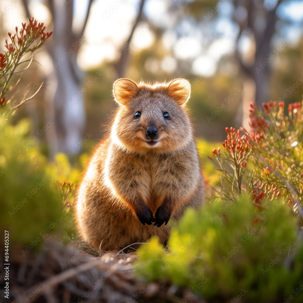 Fototapeta premium In the midst of coastal vegetation, a quokka sits at ease created with Generative Ai