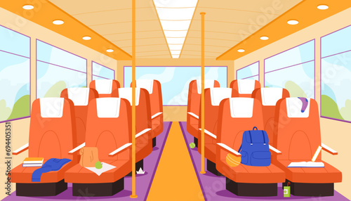 Empty school bus inside, interior of public city transport with seats. Passenger cabin perspective view of chairs rows with books and bags of kids, aisle and windows cartoon vector illustration