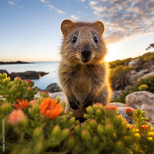 In the midst of coastal vegetation, a quokka sits at ease created with Generative Ai