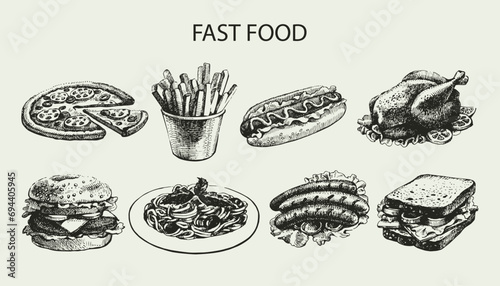 Fast food set. Hand drawn illustrations 