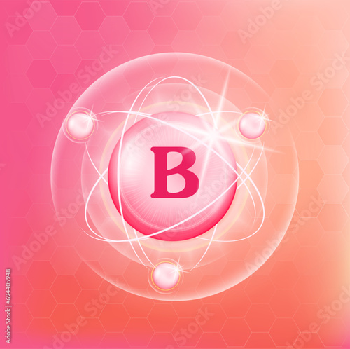 Vitamin B icon structure light pink substance. Medicine health symbol of thiamine. Drug business concept. Vector Illustration. 3D Vitamin complex with chemical formula. Personal care, beauty concept