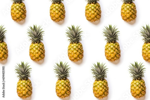 Flying ripe pineapple on white background. Food levitation