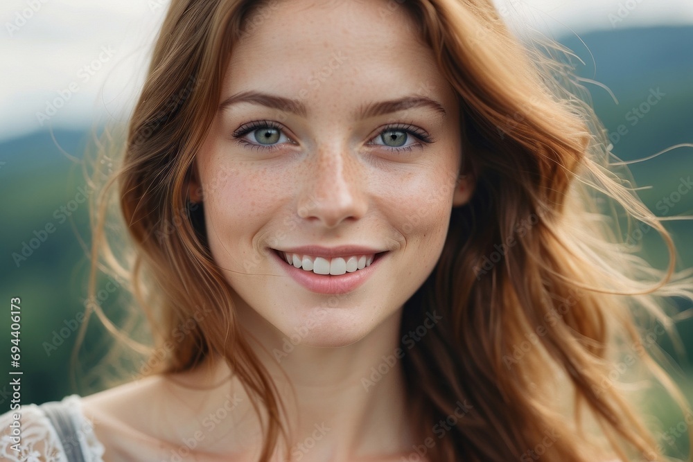 Close-up portrait of a beautiful smiling happy young girl with blue eyes, freckles looking at the camera against the background of nature in summer. Emotions, facial expression, natural beauty concept Close-up portrait of a beautiful smiling happy young girl with blue eyes, freckles looking at the camera against the background of nature in summer. Emotions, facial expression, natural beauty concept