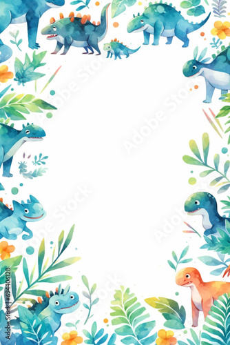Watercolor dinosaur for children, copy space on white background.
