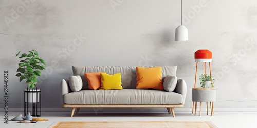 Modern living room with retro elements - gray sofa, colorful pillows, table with dried plants, white coffee table, floor lamp, against a light wall with space for customization.