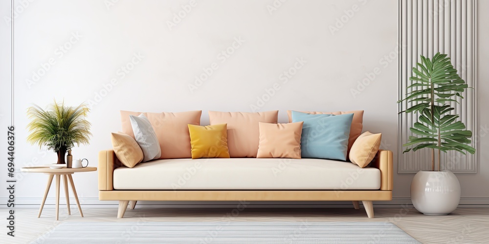 Fototapeta premium Bright living room with a cozy sofa and pillows.