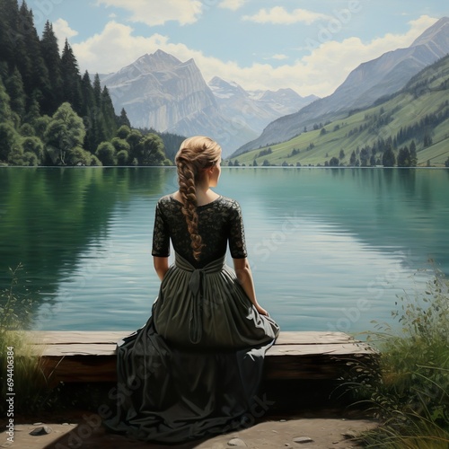 Eine Frau sitzt an einem See photo