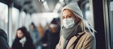 Blonde woman triggers sneezing in public tram, causing passengers to quickly wear face masks as a precaution against the pandemic.